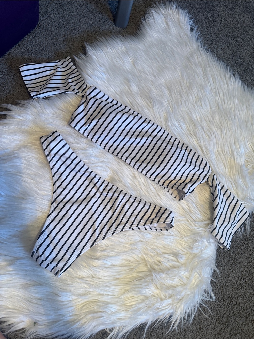Striped Off-Shoulder Bikini Set - Black & White